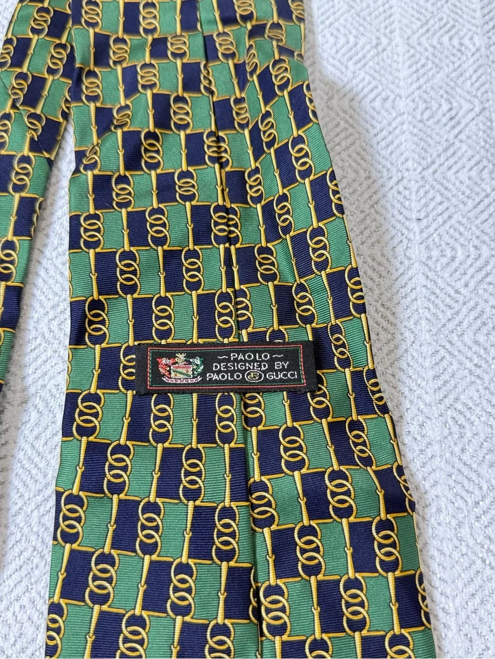 Vintage Paolo Gucci Geometric Logo Woven 100% Silk Tie Green/Navy/Gold One Size